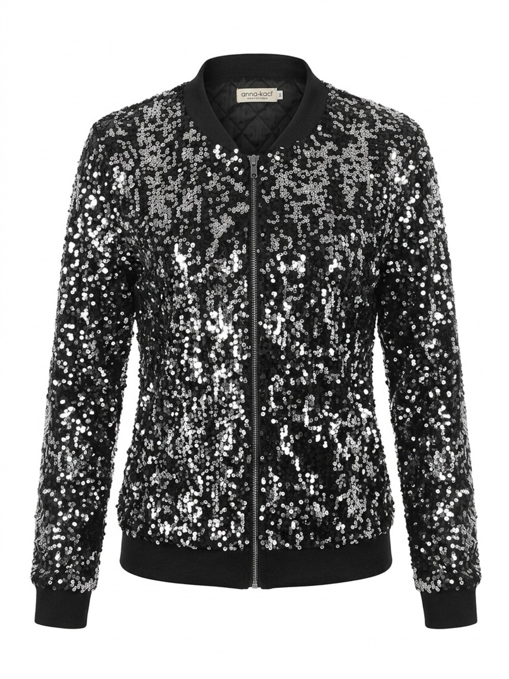 Anna-Kaci Black Sequin Bomber Jacket with Quilted Lining